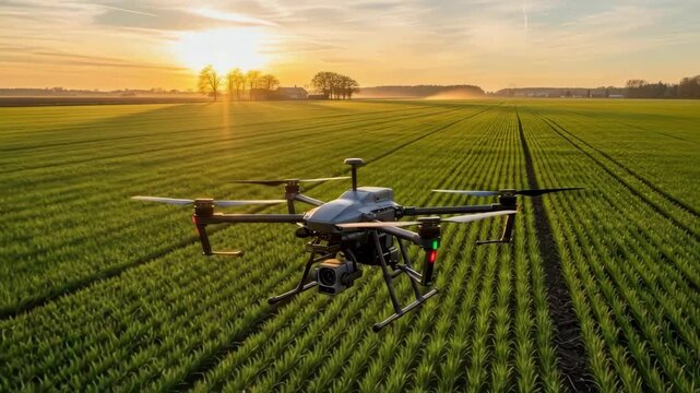 Drone Surveys Green Agricultural Field Under Golden Sunset In Open Rural Landscape Indicating Smart Farming Practices The Background Shows Farm Trees Possibly Used For Crop Monitorin