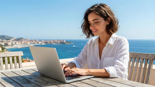 Young woman in white shirt typing on laptop at outdoor table overlooking blue sea, medium shot
