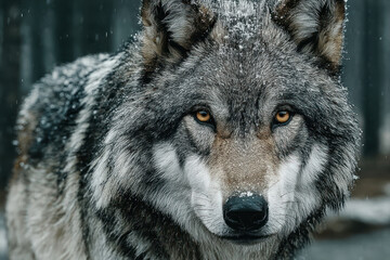 Fototapeta premium Wolf Close Up in Snowfall – Intense Wildlife Portrait