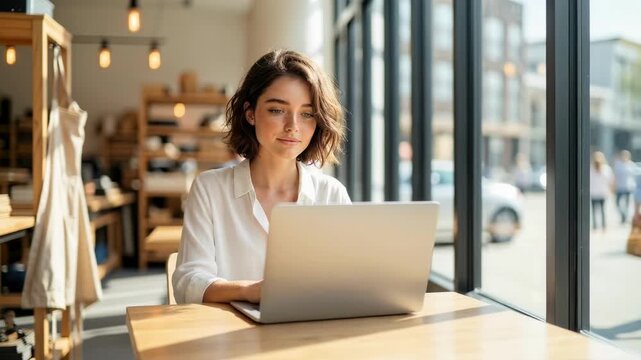 Young woman in white shirt working on laptop at cafe table with window background eye level shot