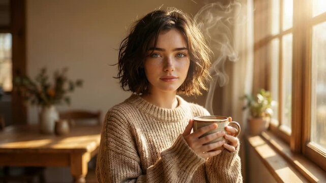 Young woman in beige sweater holding steaming mug of coffee near window, medium shot