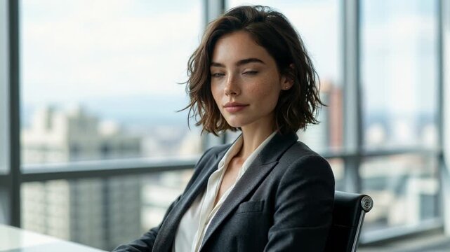 Young woman in dark grey blazer sitting in bright modern office interior medium shot