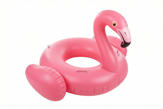Boia infl&aacute;vel de flamingo rosa para piscina isolada em fundo branco.