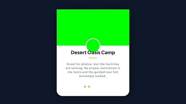 Travel Review Card Interface with Green Screen Placeholder Isolated on Dark Background for App Testimonial and Social Media Video Content