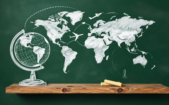 World map and globe drawn on chalkboard with airplanes hinting at