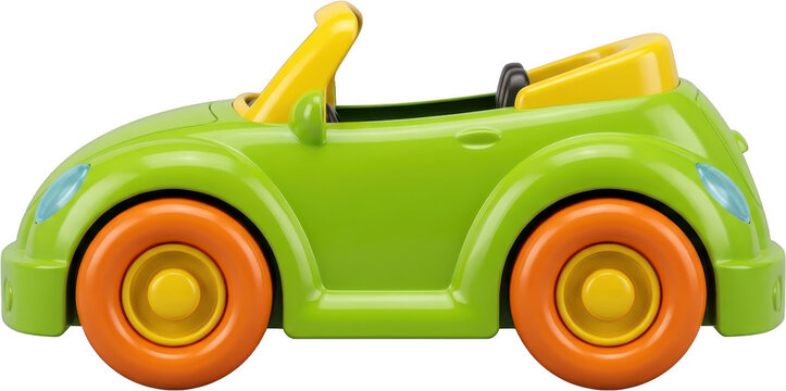 A bright green plastic toy convertible car with yellow accents and orange wheels is shown from the side against a plain backdrop toy car green car childrens toy toy vehicle