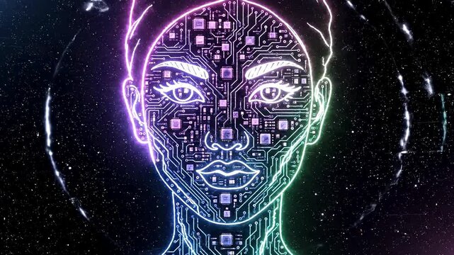 A futuristic digital illustration of a humanoid face with circuit board patterns and neon outlines set against a starry night background