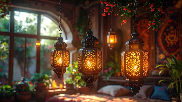 Ornate lamps glowing in an indoor/outdoor space