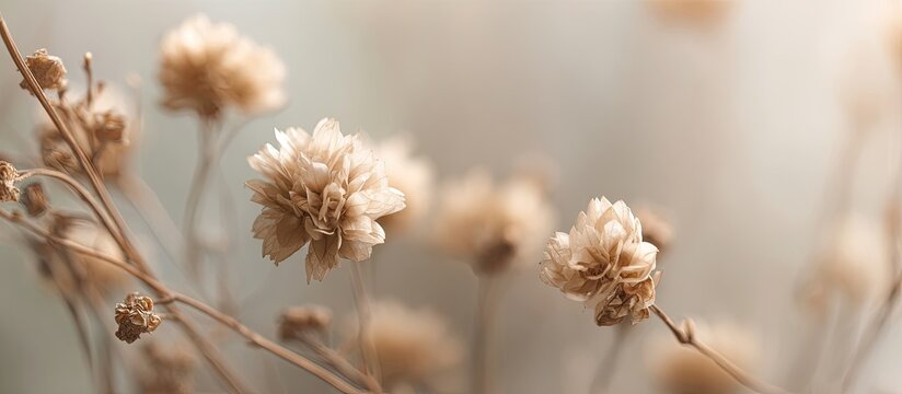 Delicate dried flowers with an ethereal, soft focus background in warm, neutral tones