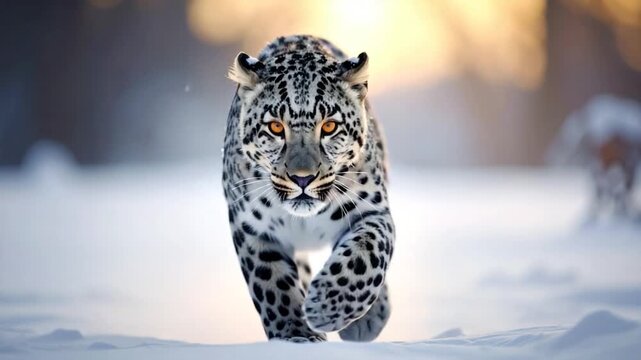 A snow leopard walks towards the viewer, snowy landscape, focus on it