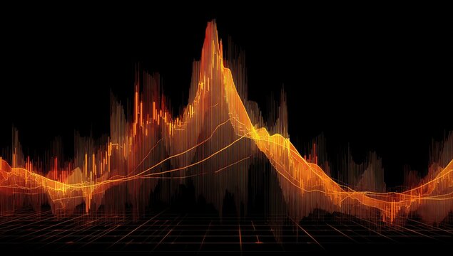Complex orange and yellow glowing digital data graph with wavy lines on black