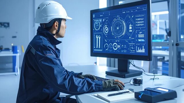 Worker reviews schematics on computer in a lab