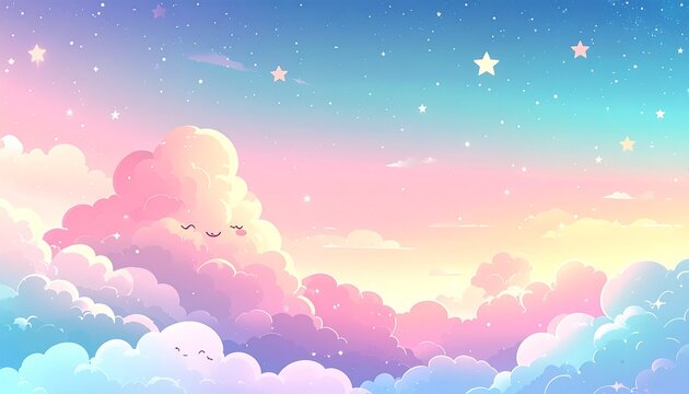 Adorable Pastel Clouds and Stars Dream Sky Cute Illustration Background