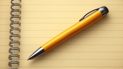Naklejka premium Close-Up of an Orange Ballpoint Pen on a Spiral Notebook with Yellow Pages, Ideal for Creative Note-Taking and Writing, Education and Office Use