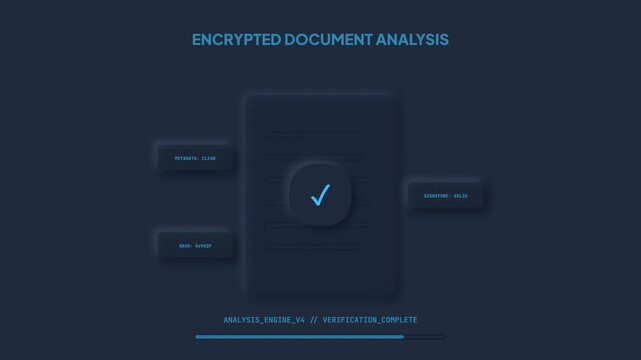 Cybersecurity Encrypted Document Analysis Interface with HUD Elements and Digital Verification Process on True Black Background