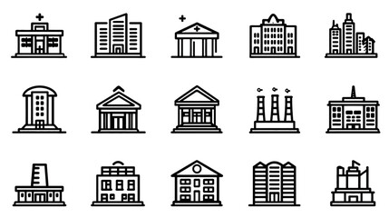 Fototapeta premium Diverse set of outline building icons, vector line art symbols for architecture, urban design, city planning, office, and residential structures.