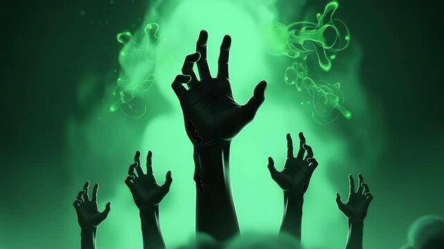 Illustration Of Undead Hands Reaching Out From Toxic Green Mist Possibly Indicating Undead Attack Great For Horror-themed Projects Designs Dark Background For Adding Text Graphic Ele