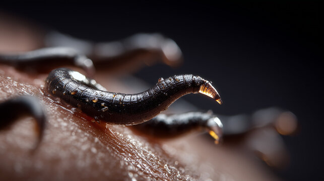 Close up of leeches attached to human skin during traditional therapy, highlighting medical alternative treatment, bloodletting practice, and natural healing concept.