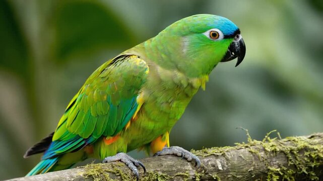 Vibrant Blue-crowned Conure Parrot Perched on Mossy Branch in Lush Green Rainforest