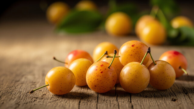 Yellow Plums Scattered on a Rustic Wooden Table with Blurred Green Leaves in Background