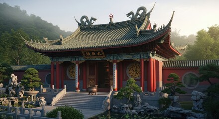 Obraz premium Traditional oriental temple architecture stands surrounded by a tranquil garden landscape.