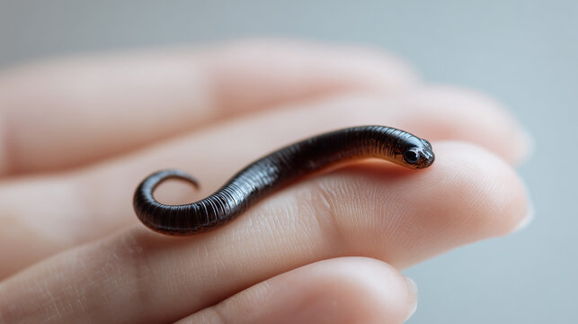 Small leech on human hand, close up macro detail, aquatic parasite, medical and biology concept with soft light and minimal background.