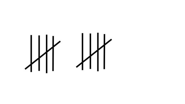 Tally marks counting animation showing groups of five strokes on a white background, ideal for votes or statistics.