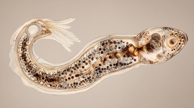 Microscopic view of a transparent leech revealing internal anatomy, veins, and body structure, highlighting biological detail for science, research, and education.