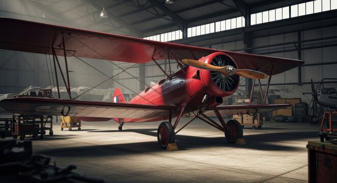 Vintage red biplane sits inside a spacious industrial hangar.