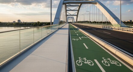 Naklejka premium Modern suspension bridge features a dedicated green lane for cyclists and a pedestrian walkway during sunset.