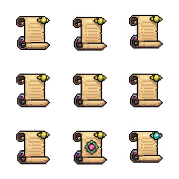 A set of nine detailed pixel art icons featuring ancient scrolls with different colorful seals and gems, designed for fantasy game interfaces.