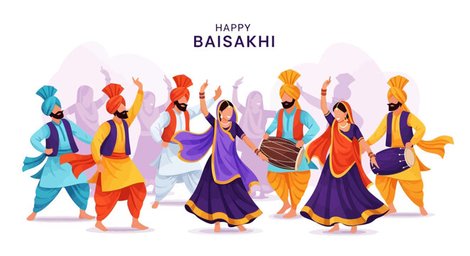 Vaisakhi illustrations featuring a group of traditionally dressed people dancing and celebrating the Punjabi harvest festival against a festive cultural background, creating a joyful
