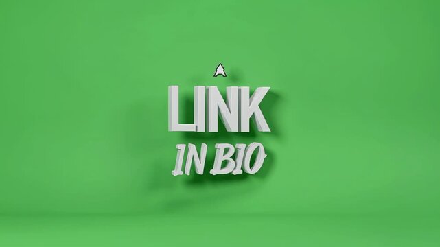 3D white text 'LINK IN BIO' with an upward arrow on a vibrant green background, casting a subtle shadow, representing online presence.