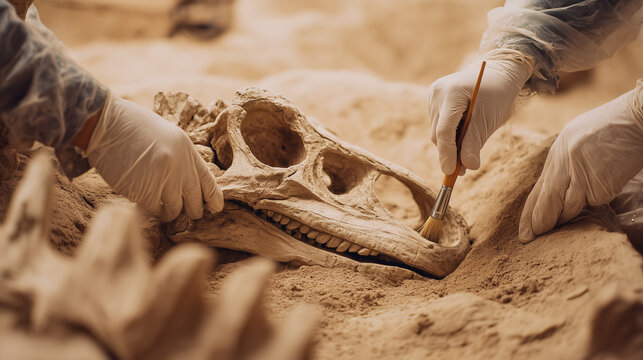 Close up of paleontologists carefully excavating a dinosaur fossil, revealing ancient bones with precision tools in a dusty fieldwork site.