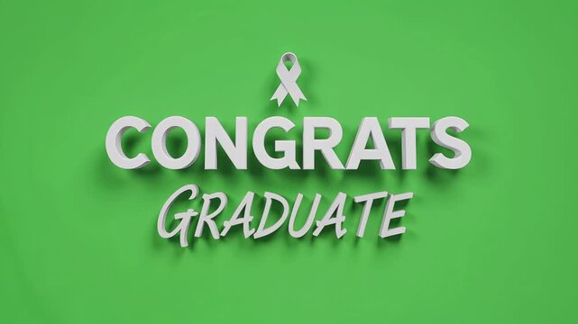 A vibrant green background features bold white 3D text saying 'CONGRATS GRADUATE' with a small white ribbon above, celebrating academic achievement.