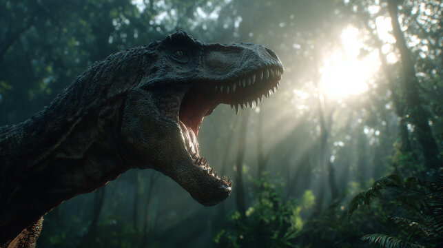 Tyrannosaurus roaring in dense jungle, prehistoric predator, dramatic cinematic scene with sunlight rays and intense expression in wild environment.