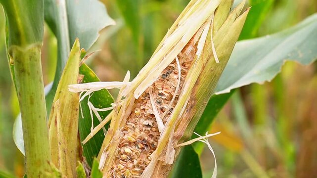slow motion close-up of a corn cob severely damaged by rat pests in a farm field. Detailed view of rodent gnaw marks on organic maize, showing agricultural crop loss and infestation