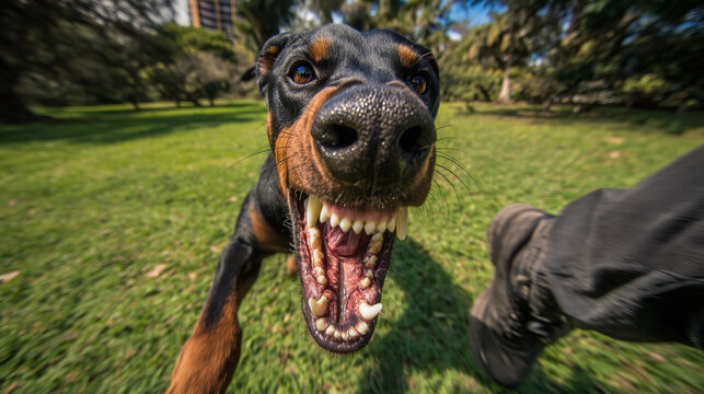 An aggressive doberman barking and chasing a person's legs, capturing intense motion, threat, and guard dog behavior in a high tension outdoor scene.