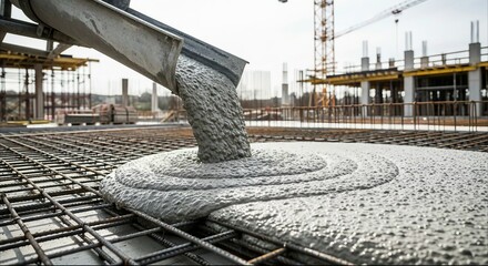 Workers pouring wet concrete mix on reinforcing steel bar foundation © MD NAIM ISLAM