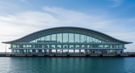 Fototapeta premium Modern architectural terminal building sits gracefully along the calm waterfront under a bright blue sky.