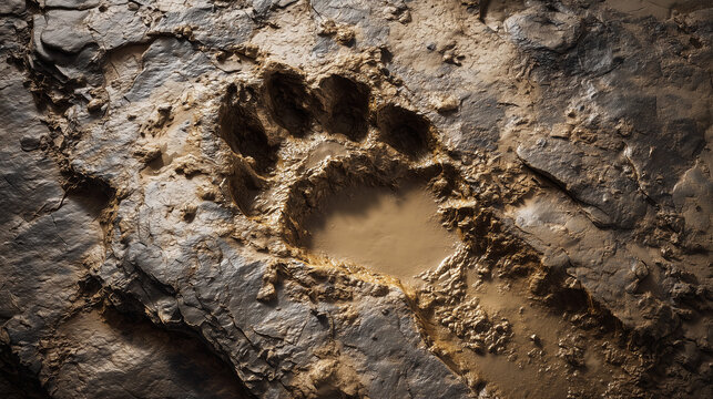 Close-up of a dinosaur footprint fossil preserved in stone, showcasing ancient textures and prehistoric history, ideal for science, archaeology, and nature themes.