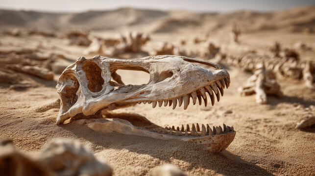 Animal skull lying in desert sand, dry landscape, death and decay concept, natural texture with bones under harsh sunlight and arid environment.