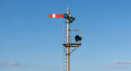 Obraz premium Old railway signal pole stands against a clear blue sky.