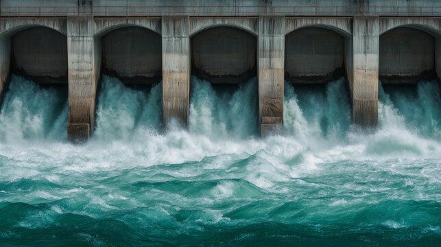 Water flowing over dam spillway, hydroelectric structure, strong current and cascading flow, engineering and energy concept in outdoor environment.