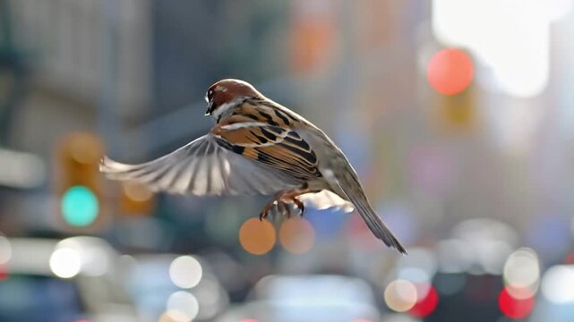 House sparrow in mid-flight with wings spread against a blurred urban background with colorful bokeh lights