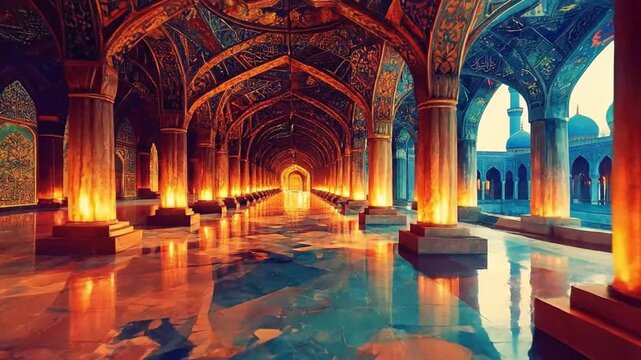 Ornate long hall with glowing pillars and arched ceilings in a grand mosque, featuring a distinctive orange and blue color palette with reflections on the polished floor.
