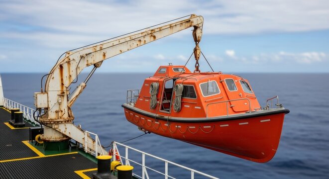Bright orange lifeboat hangs suspended from a rusted davit crane on the deck of a maritime vessel.