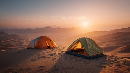 Obraz premium Two camping tents on desert dunes at sunset, warm light over sandy hills and distant mountains, peaceful outdoor adventure scene with serene atmosphere.