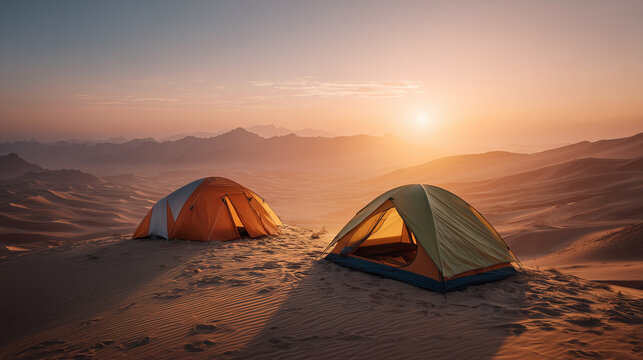 Two camping tents on desert dunes at sunset, warm light over sandy hills and distant mountains, peaceful outdoor adventure scene with serene atmosphere.
