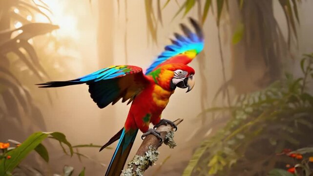 Vibrant scarlet macaw parrot perched on driftwood in tropical sunlight with lush green foliage background